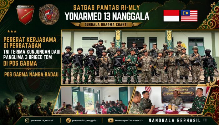 Pererat Kerjasama Pengamanan Batas Negara, Pos Gabma Nanga Badau Satgas Yonarmed 13/Nanggala Terima Kunjungan Panglima 3 Briged TDM